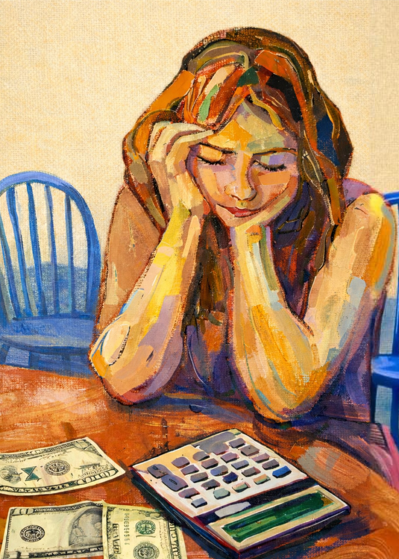 A graphic with small line-art animal icons across the top and the text “Eating Vegan Is Too Expensive” with the URL vBriefings.org/expensive on a blue background, and on the right a painted scene of a person at a table with a calculator and cash, looking worried.