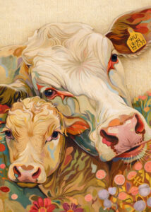 A colorful painted image on the right of a cow and calf together.