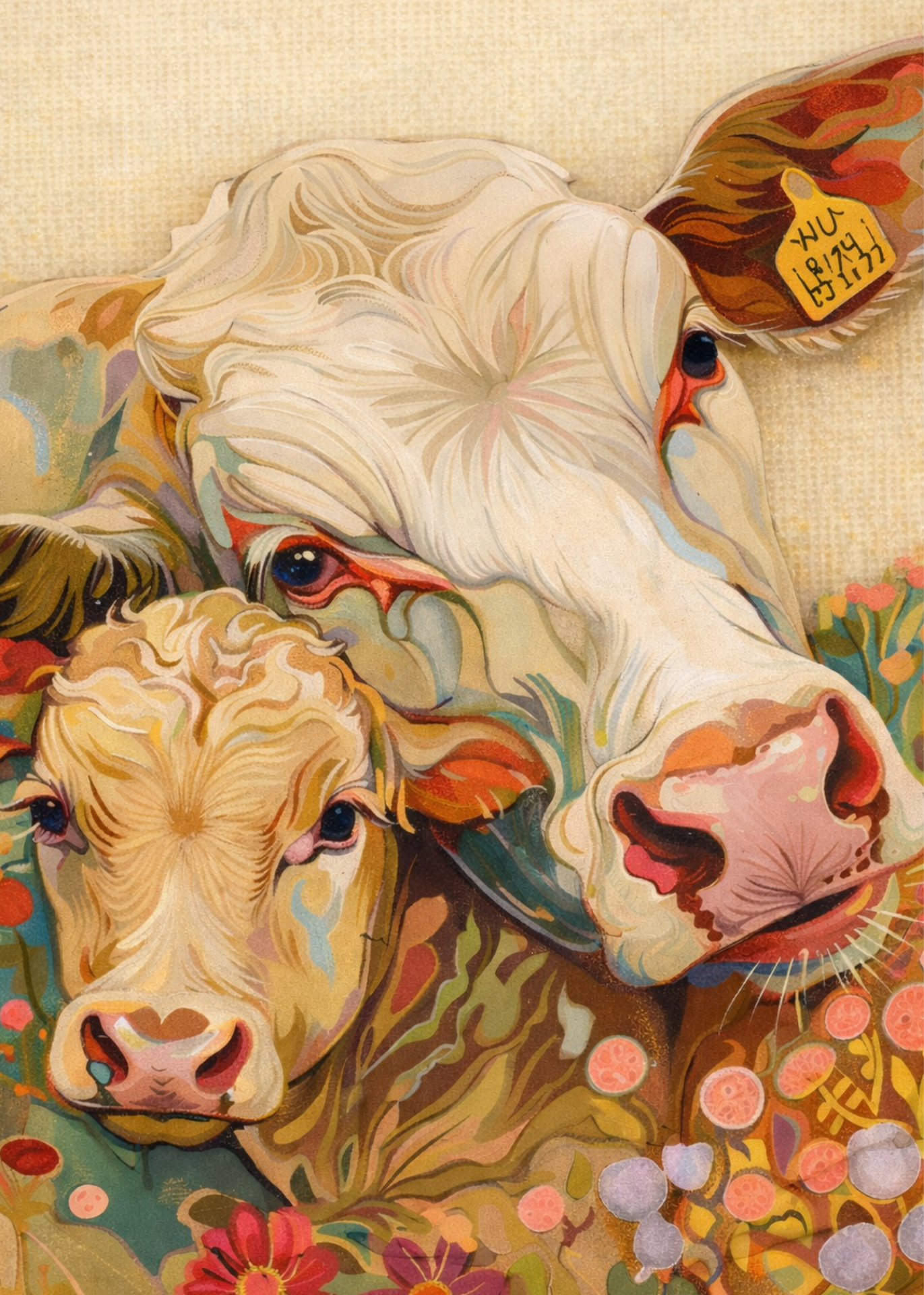 A colorful painted image on the right of a cow and calf together.