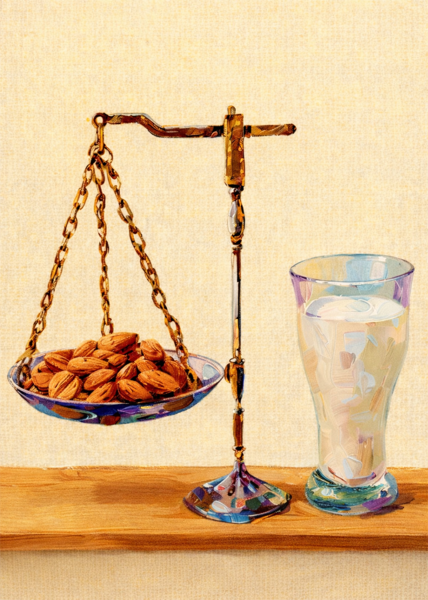 A painterly illustration of a balance scale weighing a bowl of almonds against a glass of water