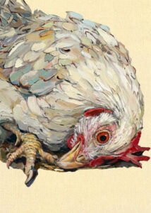 A painterly illustration of a chicken lying on its side.