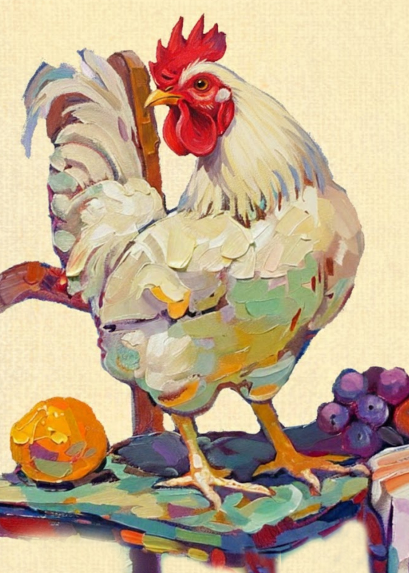 A colorful painted rooster standing on a small table with fruit.