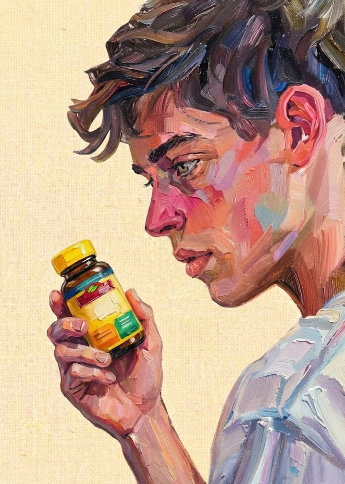 A painterly illustration of a person examining a vitamin supplement bottle.
