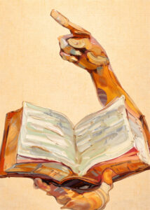 A painted image on the right of a hand pointing upward while holding an open bible.