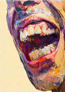 A painted close-up of an open human mouth showing teeth.