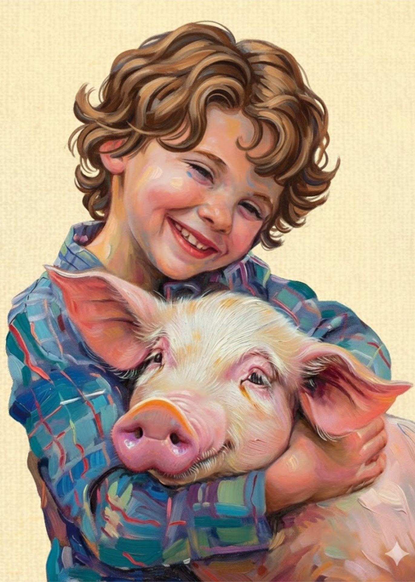 A painted child hugging a pig.