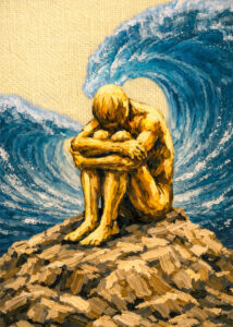 A painted figure sitting curled up on a mound as a large wave rises behind them.