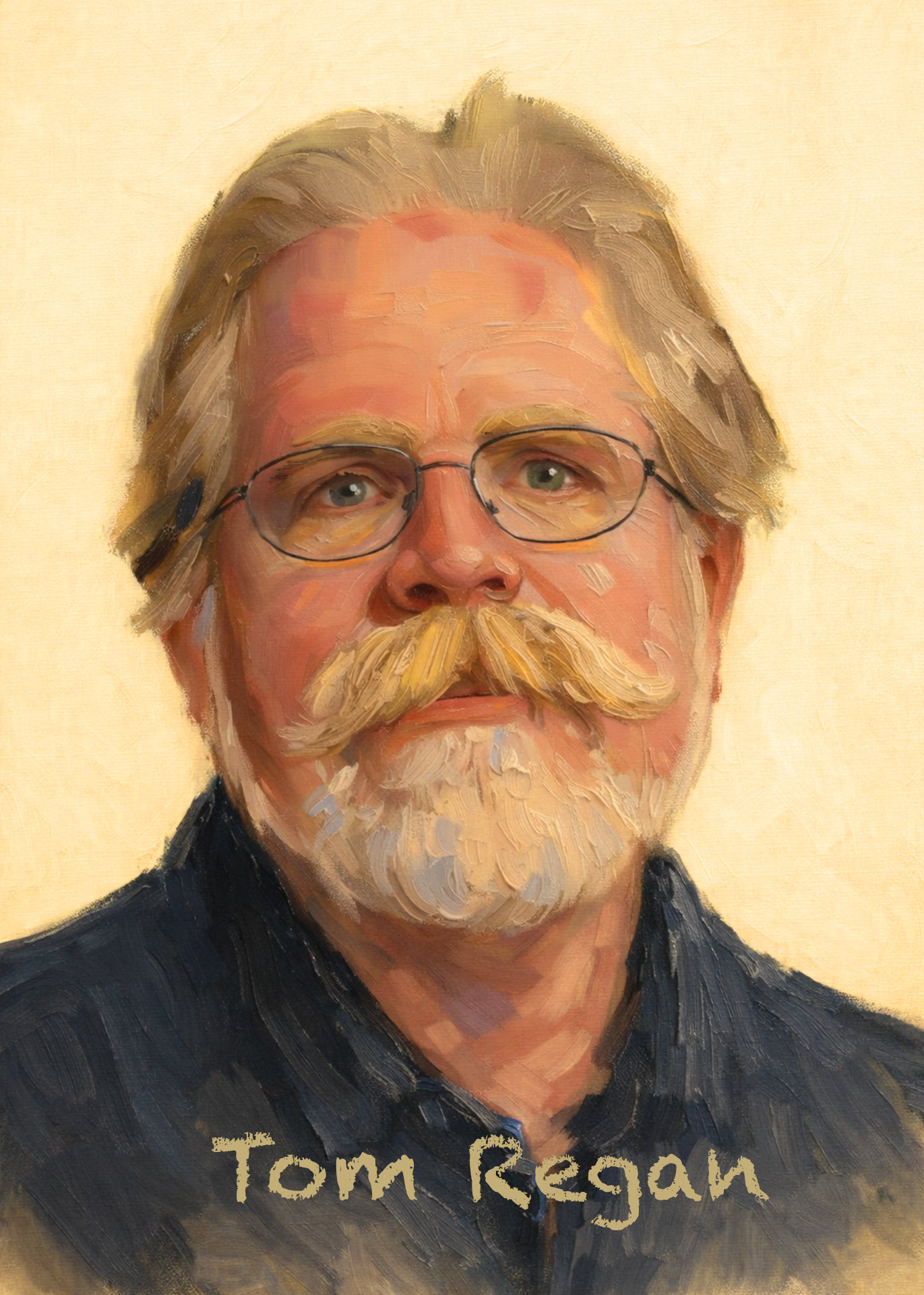 A painted portrait labeled Tom Regan.