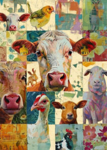A painted collage of various farm animals.