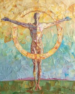 Man with outstretched arms and a circle.