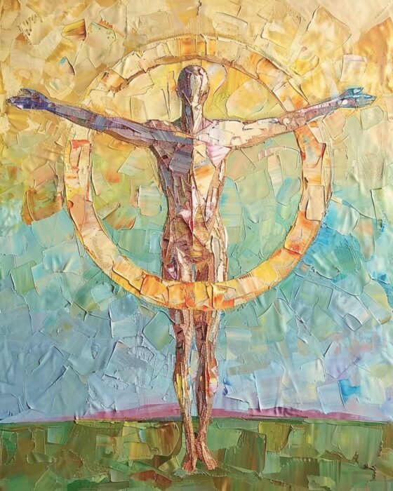 Man with outstretched arms and a circle.