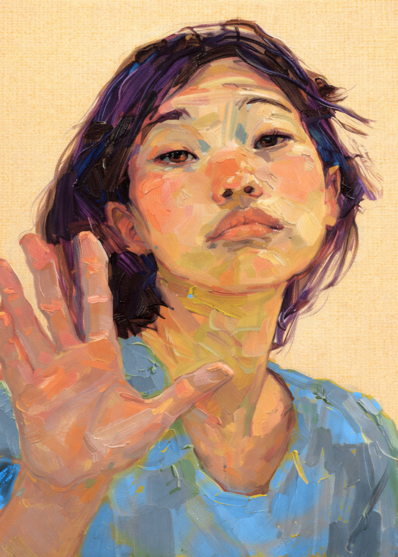 A painted portrait of a person raising a hand on the right.