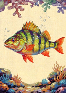 A painted scene of a colorful fish swimming underwater among coral and bubbles.