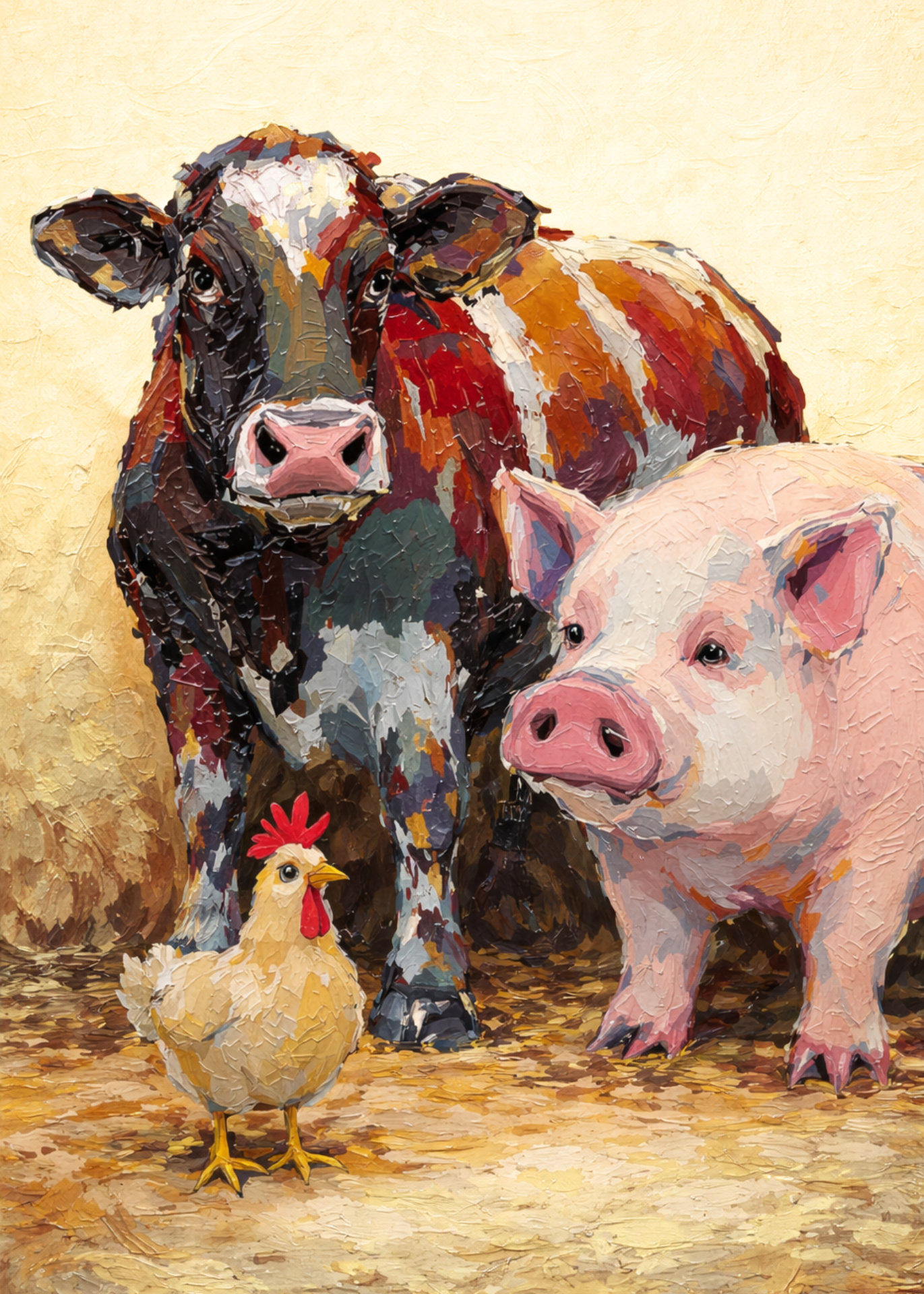 A painting of a cow, pig, and chicken standing together.