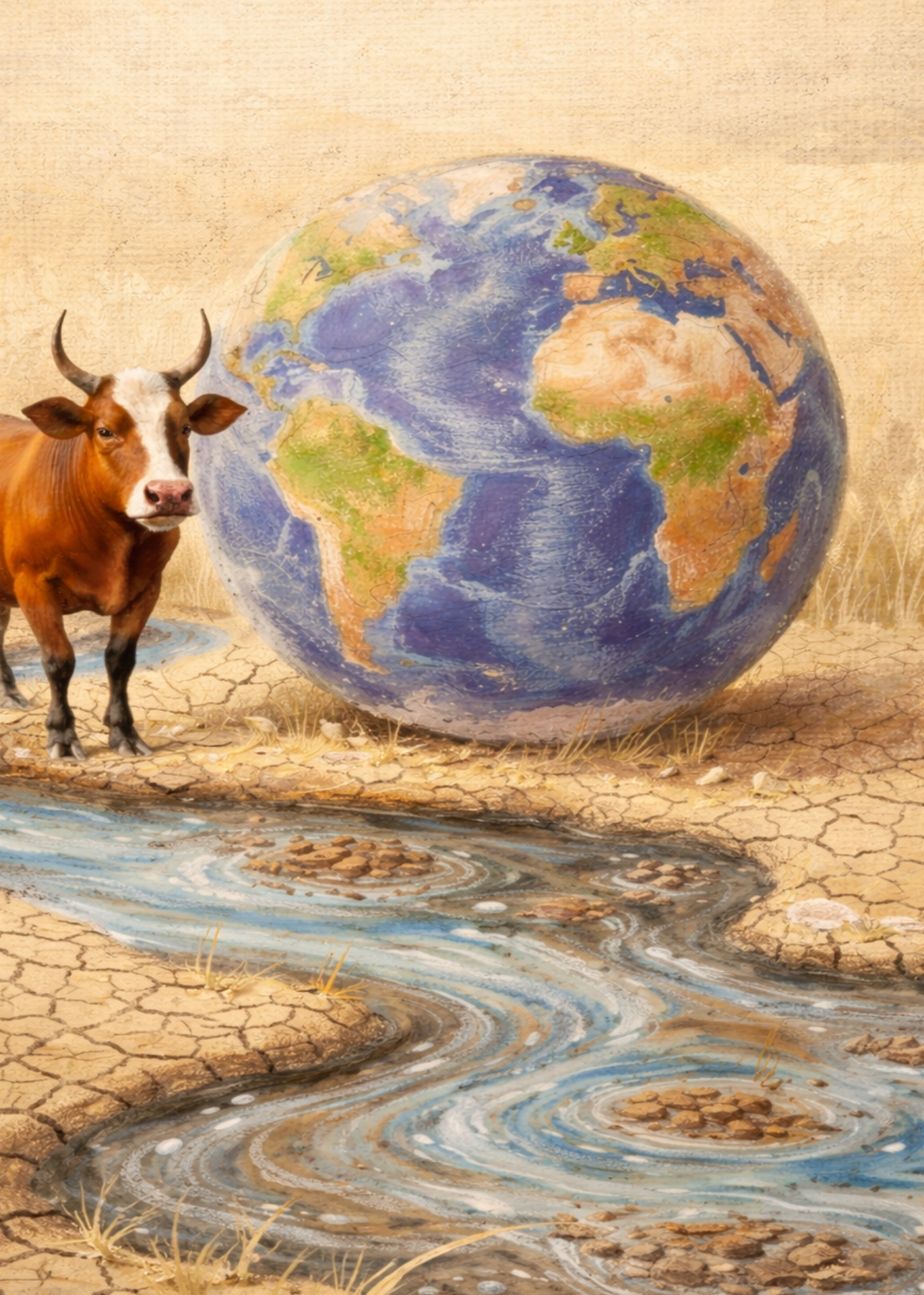 A painted scene of a cow standing beside a globe over dry, cracked land with a winding stream.