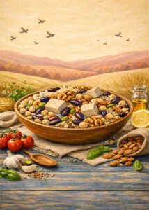 A painted bowl filled with beans, nuts, and tofu surrounded by plant foods.