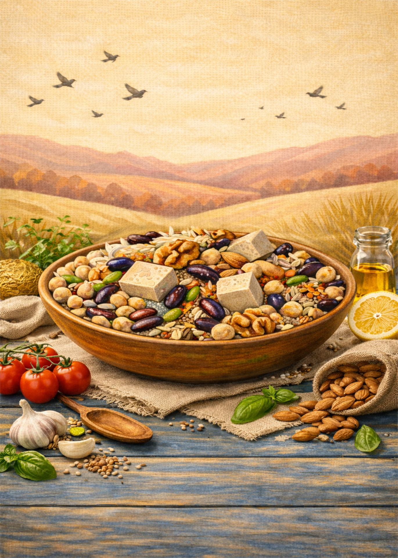 A painted bowl filled with beans, nuts, and tofu surrounded by plant foods.