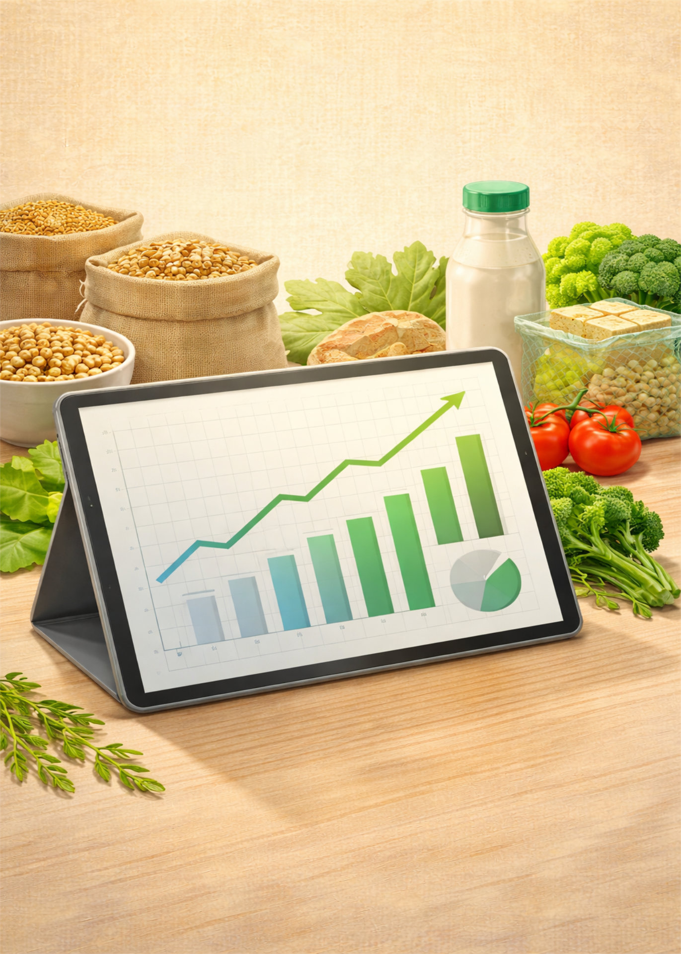 A painted scene of plant foods around a tablet displaying an upward-trending chart.