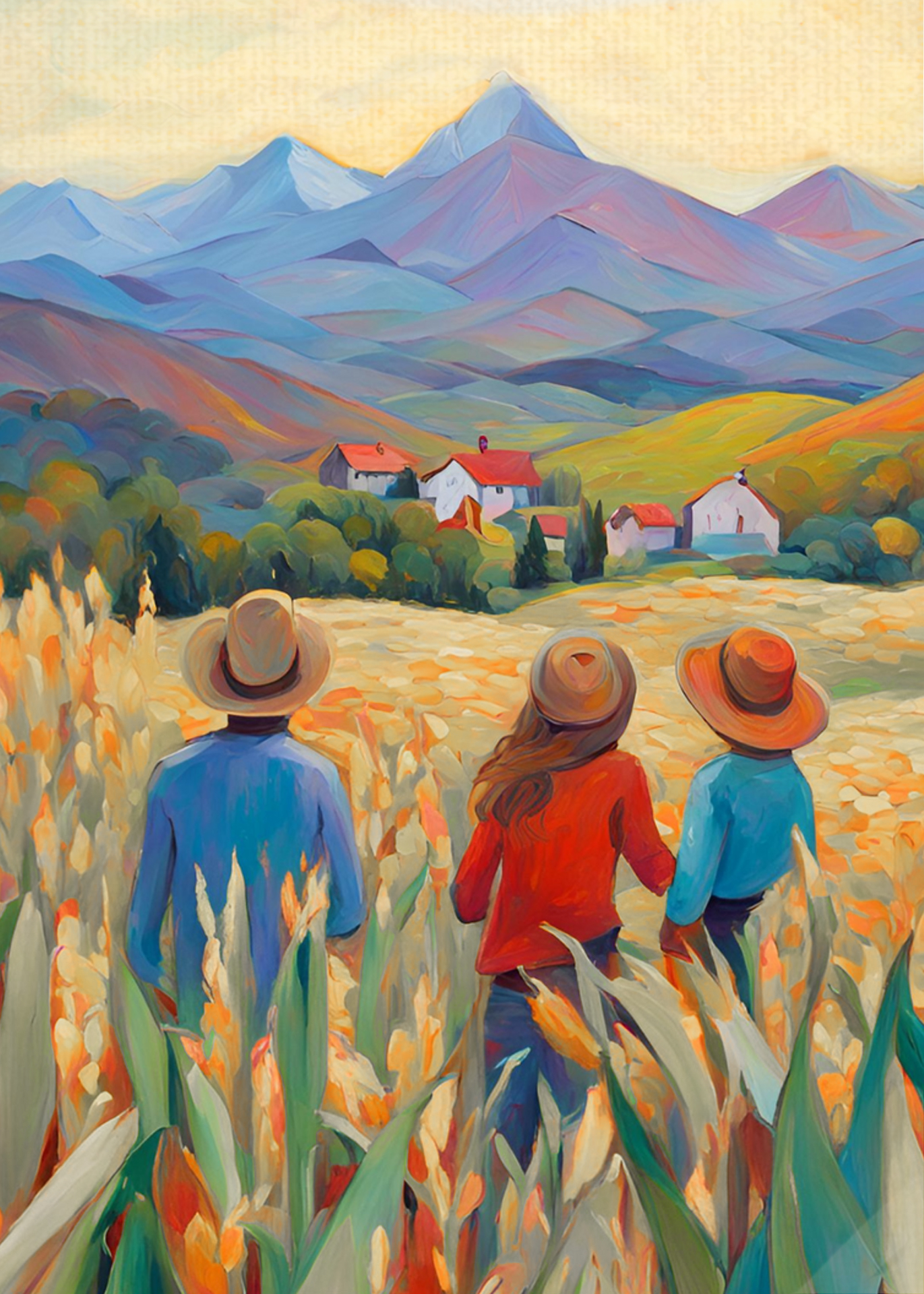 A painted landscape of three people walking through a field toward distant hills and houses.