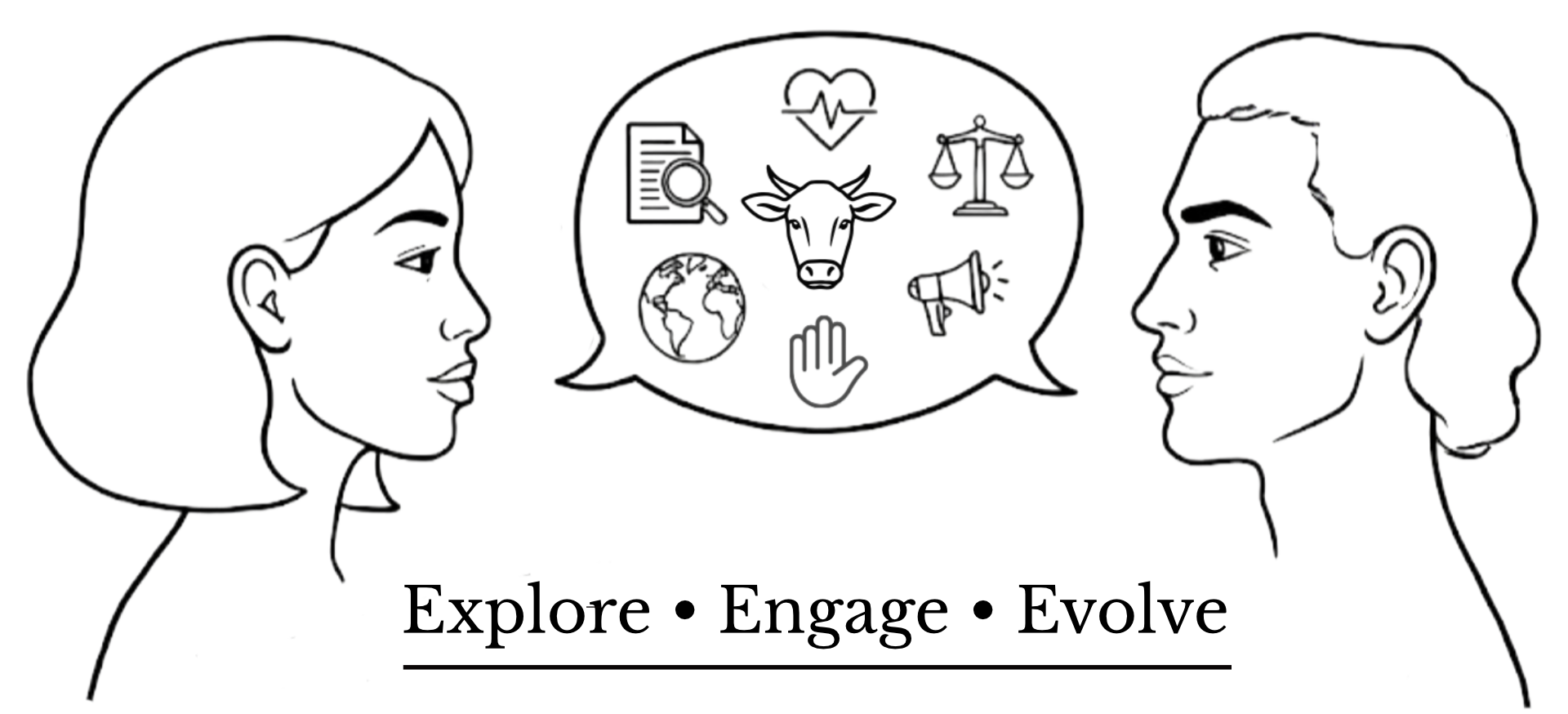 Two profile silhouettes facing each other with overlapping speech bubbles between them, illustrating Explore • Engage • Evolve and filled with icons representing the main briefing categories: core briefings, animals and ethics, health, environment, objections, and advocacy.