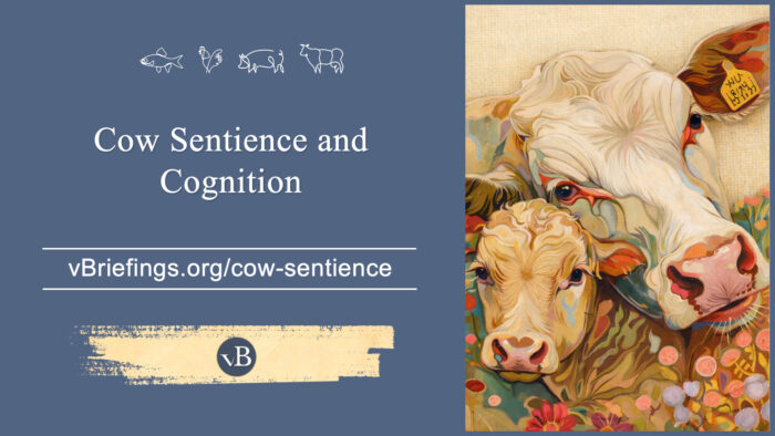 A graphic with small line-art animal icons across the top and the text “Cow Sentience and Cognition” with the URL vBriefings.org/cow-sentience on a blue background, and a colorful painted image on the right of a cow and calf together.