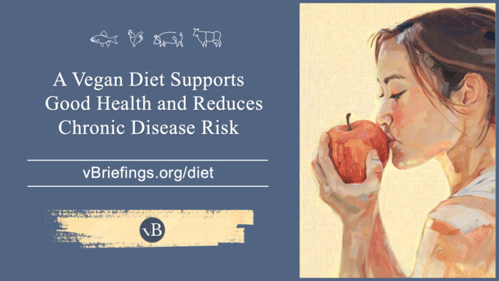 A graphic with small line-art animal icons across the top and the text “A Vegan Diet Supports Good Health and Reduces Chronic Disease Risk” with the URL vBriefings.org/diet on a blue background, and a painted image on the right of a person holding and about to bite an apple.