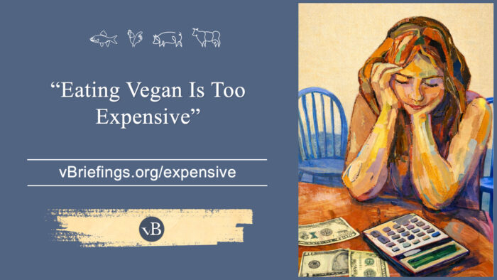A graphic with small line-art animal icons across the top and the text “Eating Vegan Is Too Expensive” with the URL vBriefings.org/expensive on a blue background, and on the right a painted scene of a person at a table with a calculator and cash, looking worried.
