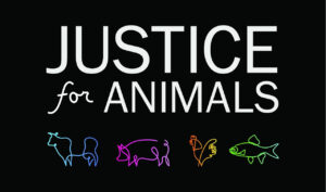Justice for Animals text logo with-neon farm animals