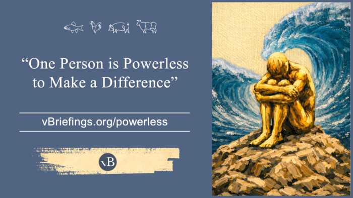 A graphic with small line-art animal icons across the top and the text “One Person is Powerless to Make a Difference” with the URL vBriefings.org/powerless on a blue background, and on the right a painted figure sitting curled up on a mound as a large wave rises behind them.