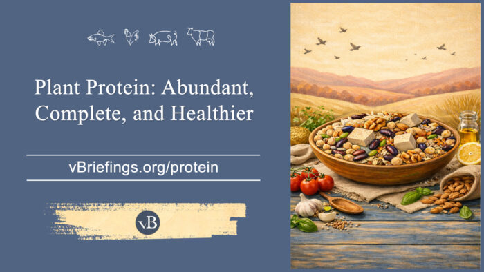 A graphic with small line-art animal icons across the top and the text “Plant Protein: Abundant, Complete, and Healthier” with the URL vBriefings.org/protein on a blue background, and on the right a painted bowl filled with beans, nuts, and tofu surrounded by plant foods.