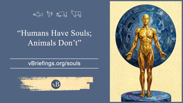 A graphic with small line-art animal icons across the top and the text “Humans Have Souls; Animals Don’t” with the URL vBriefings.org/souls on a blue background, and on the right a painted golden human figure standing within a circular halo-like form.