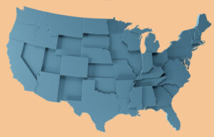 A graphic of a layered blue map of the United States on a tan background.