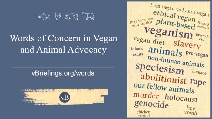 Social sharing image for the briefing “Words of Concern in Vegan and Animal Advocacy.” A blue background features line drawings of a fish, bird, pig, and cow above the title and the URL “vBriefings.org/words.” At right, a word-cloud illustration highlights terms such as “veganism,” “animals,” “speciesism,” “abolitionist,” “ethical vegan,” and “plant-based.” A vBriefings logo appears near the bottom.