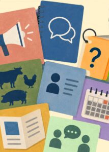 Illustrated collage of overlapping resource cards on a textured pale-yellow background. The cards feature simple icons representing advocacy and learning tools, including a megaphone, speech bubbles, farmed animals, flashcards, a profile card, a calendar, a booklet, and a discussion group, arranged in a colorful, layered layout.